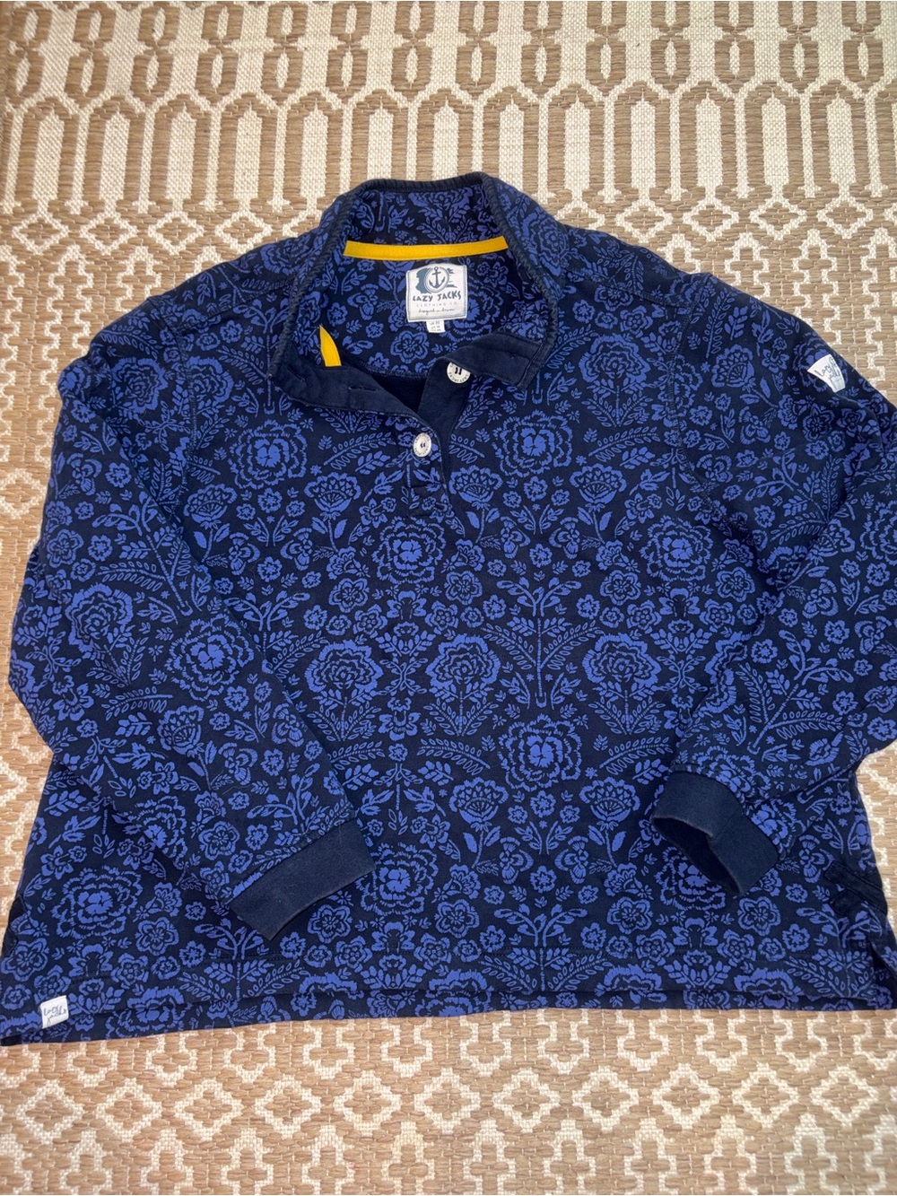Navy Floral Long-Sleeve Polo by Lazy Jacks - 100% Cotton - Size 16